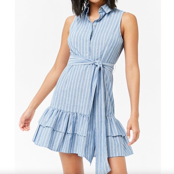 Forever 21 Contemporary Sleeveless Stripe Ruffle Hem Blue Dress Women's Size M - Picture 1 of 7